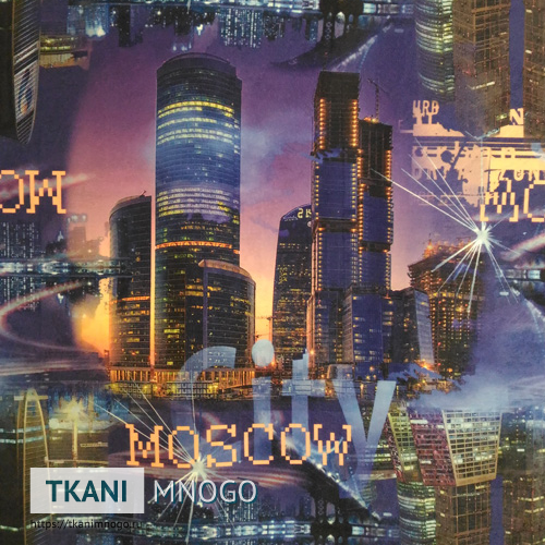 Фото фактуры микровелюра “Moscow city” мультиколор, город.